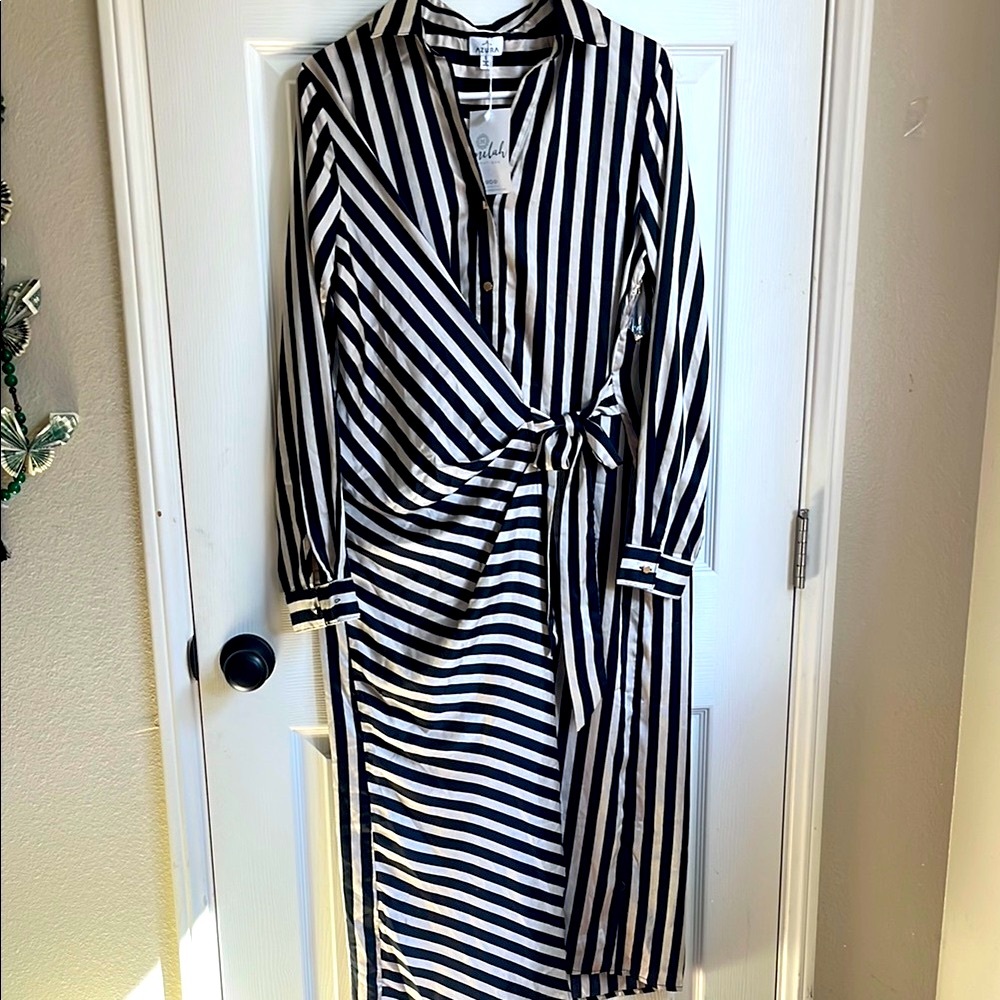 AZURA Black and White Wrap Dress with Notched Collar and Cuffed Sleeves